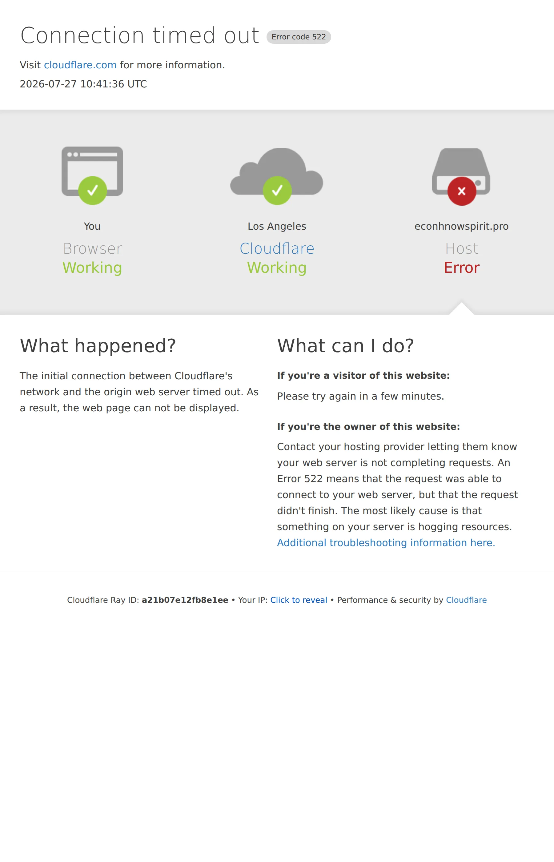 LPのスクリーンショット。Cloudflareの「Connection timed out」エラーコード522の画面。ホスト econhnowspirit.pro が Error 表示