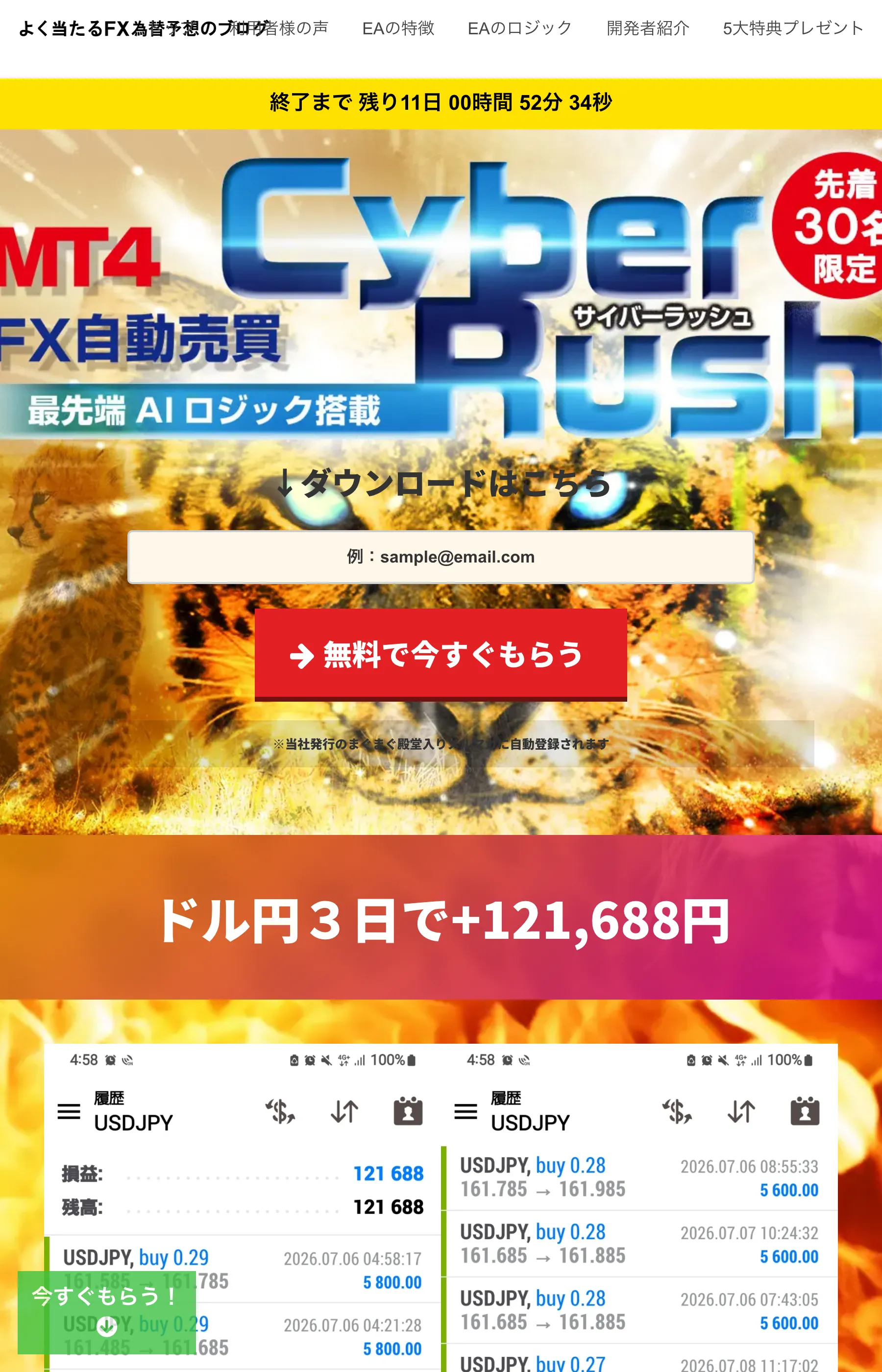 「MT4 FX自動売買 Cyber Rush 先着30名限定」とうたい、カウントダウンとメール登録フォームを表示するLP
