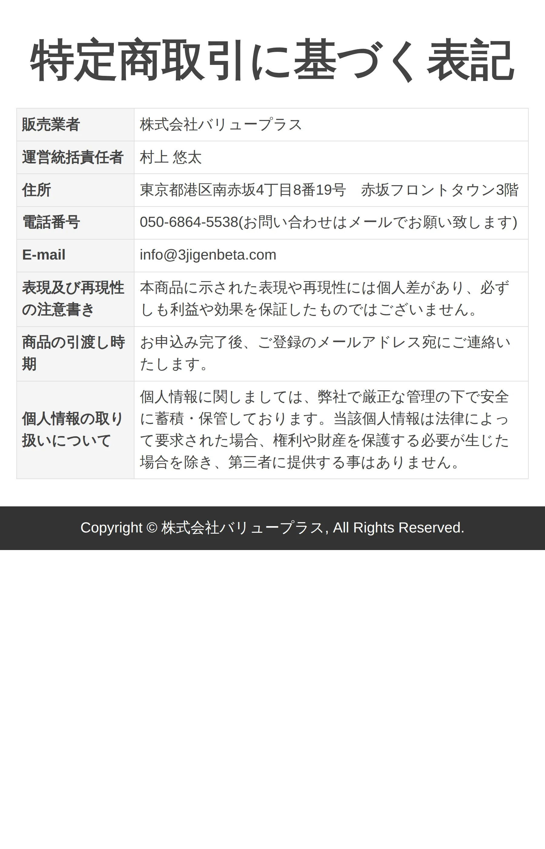 3次元ベータトレードの特定商取引法に基づく表記。商品代金の欄自体がなく、返金・キャンセルポリシーの記載もない
