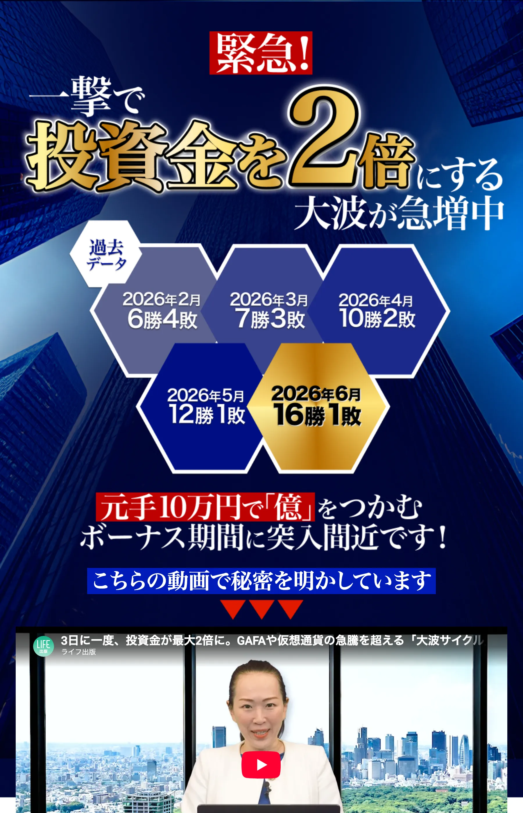 「緊急！一撃で投資金を2倍にする大波が急増中」と勝敗データを掲げるLP