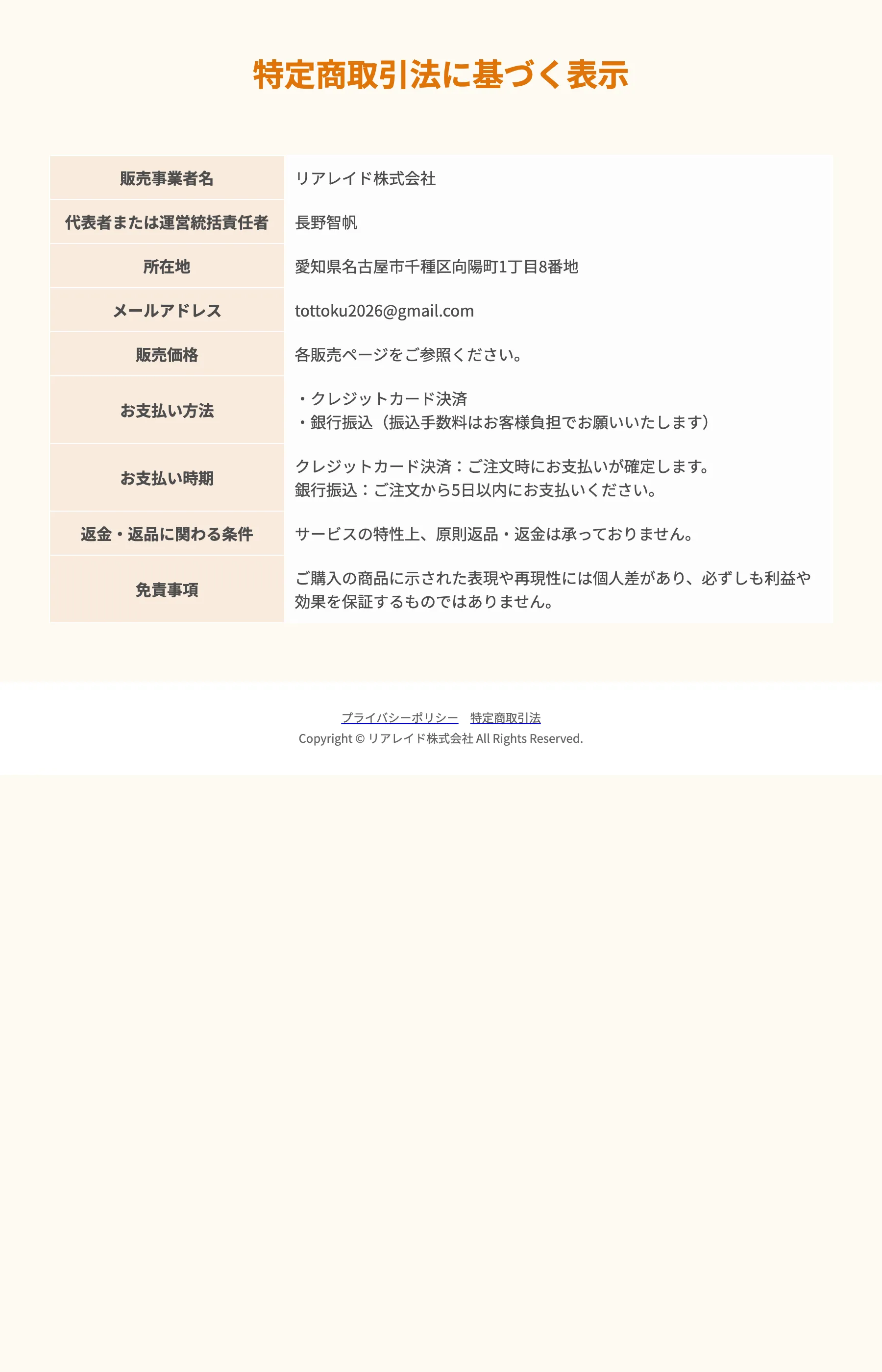 特定商取引法に基づく表示。販売事業者名リアレイド株式会社、連絡先はGmail、電話番号の記載がない