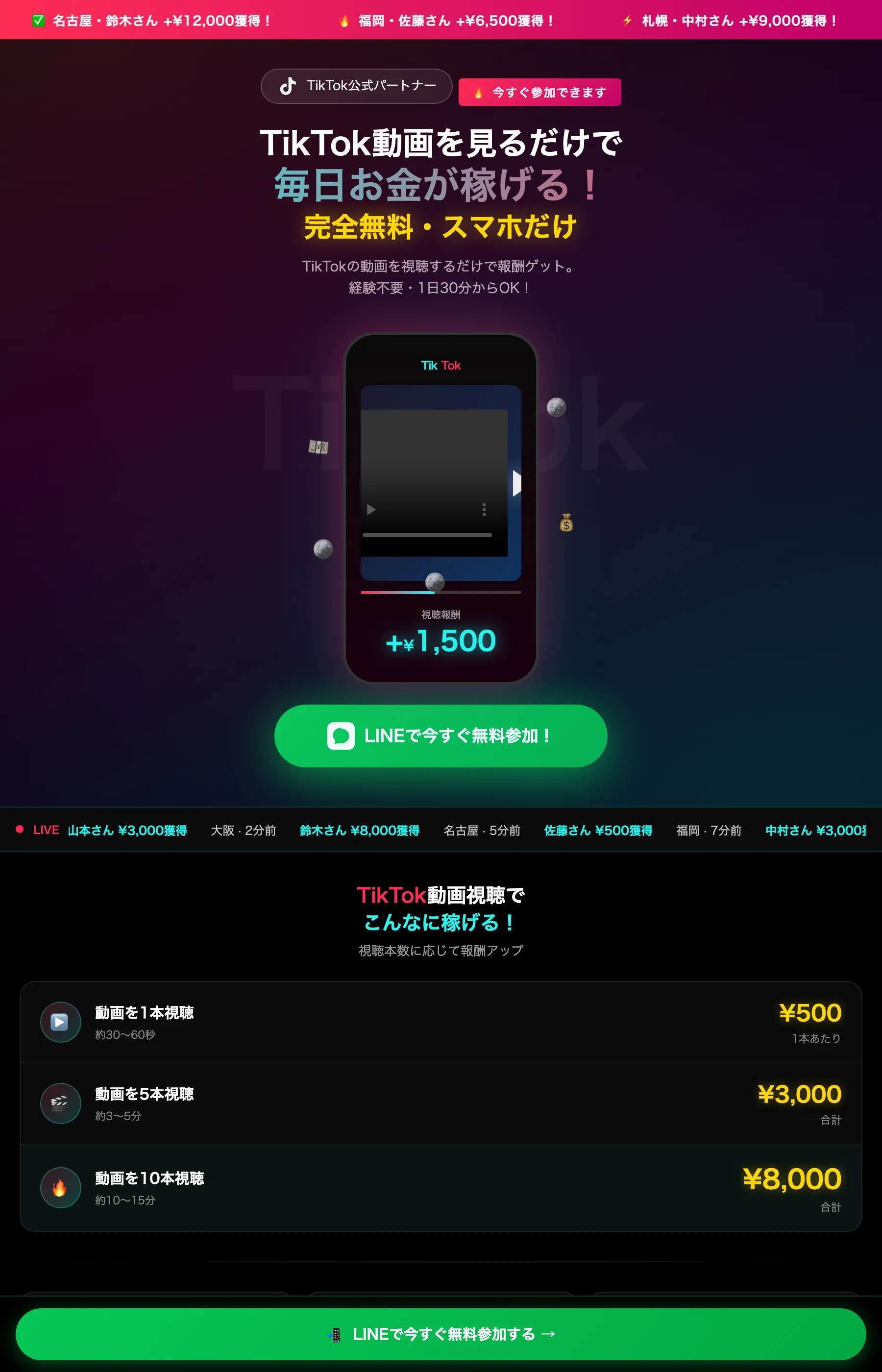 「TikTok動画を見るだけで毎日お金が稼げる！」と視聴単価500円を掲げるLP